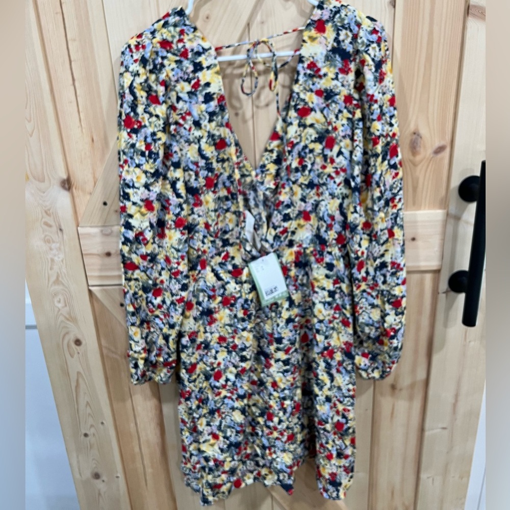 pale yellow with multicolor flowers, long sleeve peasant dress with deep v back